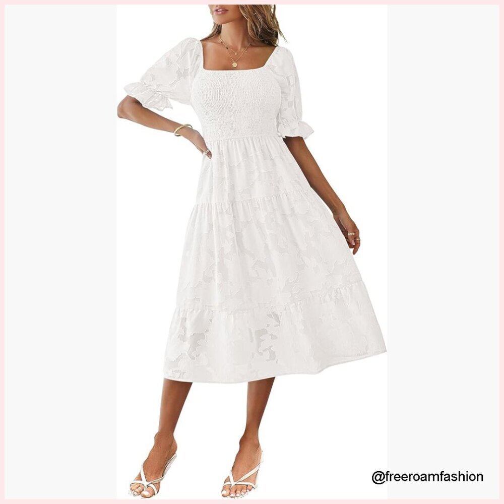 Summer Puff Sleeve Smocked Square Neck Floral Tiered Midi Dress